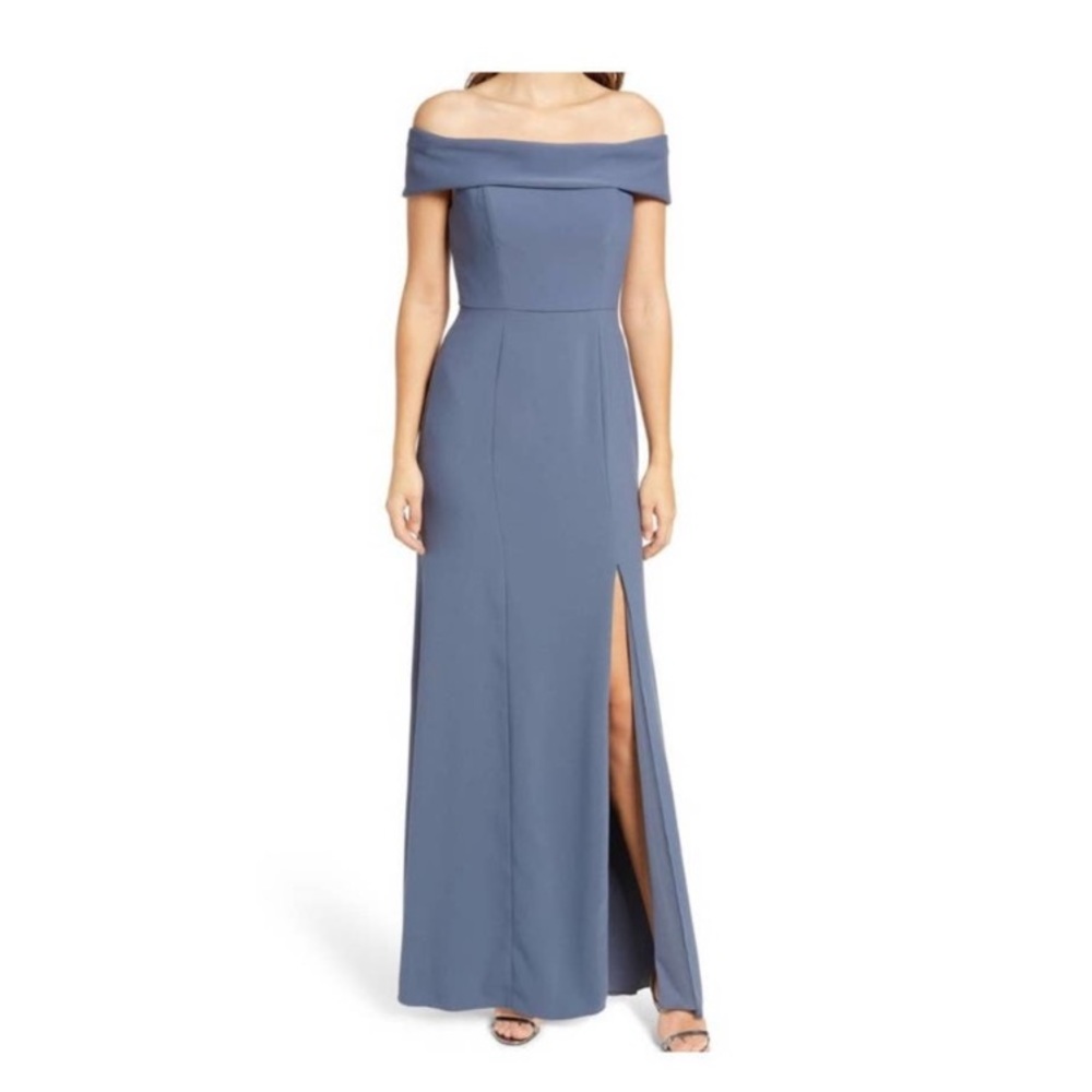 Dessy Collection Vivian Diamond Crepe Off Shoulder Gown Sz 4 in Silverst…